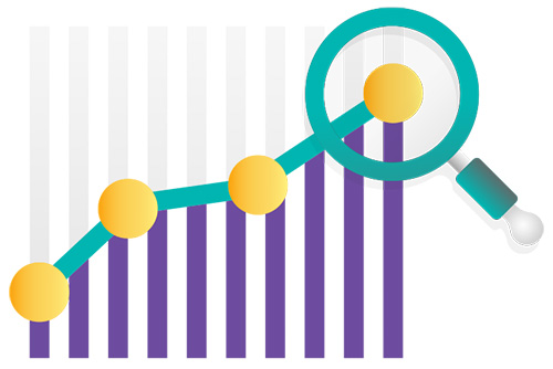 Bar chart increasing to the right with a magnifying glass