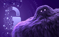 Monster in front of a lock icon that is partially digitized