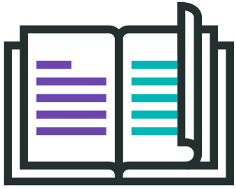 Book icon with teal and purple text