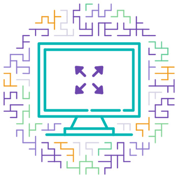 MonsterWorks Case Management - computer with four-directional arrows and colorful lines, on demand PIRL