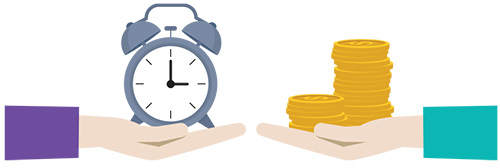 Hand holding a clock and hand holding money