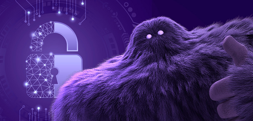 Monster giving the thumbs up to FedRAMP security with a lock icon in the background