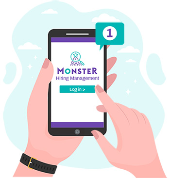 Hands holding a mobile phone with the Monster Hiring Management icon and login button on screen