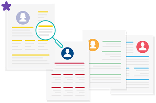 Four resumes with one highlighted with a magnifying glass and a purple star icon