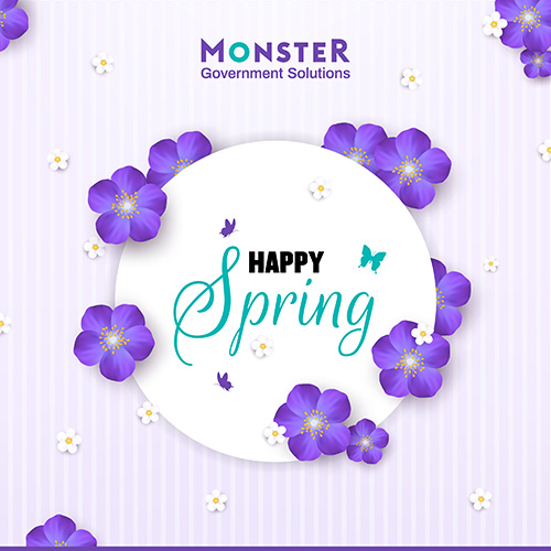 Monster logo and message Happy Spring with purple flowers