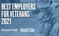 Two female soldiers talking. Best Employers for Veterans 2021 text over the image with Monster and Military.com logos.