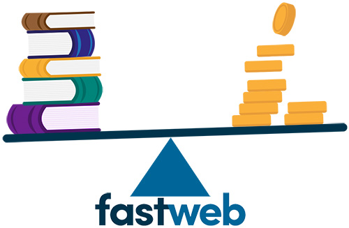 Seesaw with books on one side and money on the other balanced over the FastWeb logo