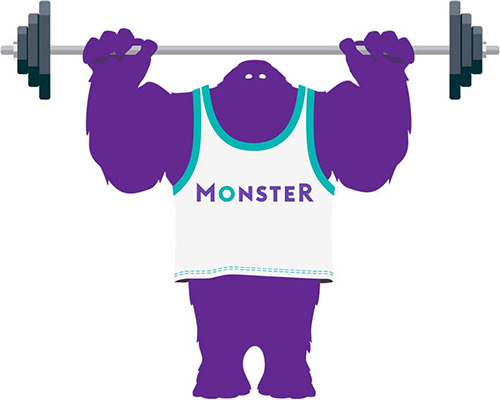 Monster wearing a Monster tanktop and lifting a barbell overhead